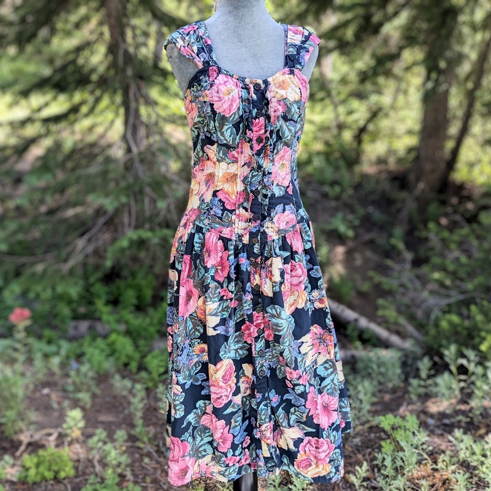 Vintage 90s Starina Floral Garden Dress M Cottagecore Button Front Corset Ruffle - Picture 2 of 15
